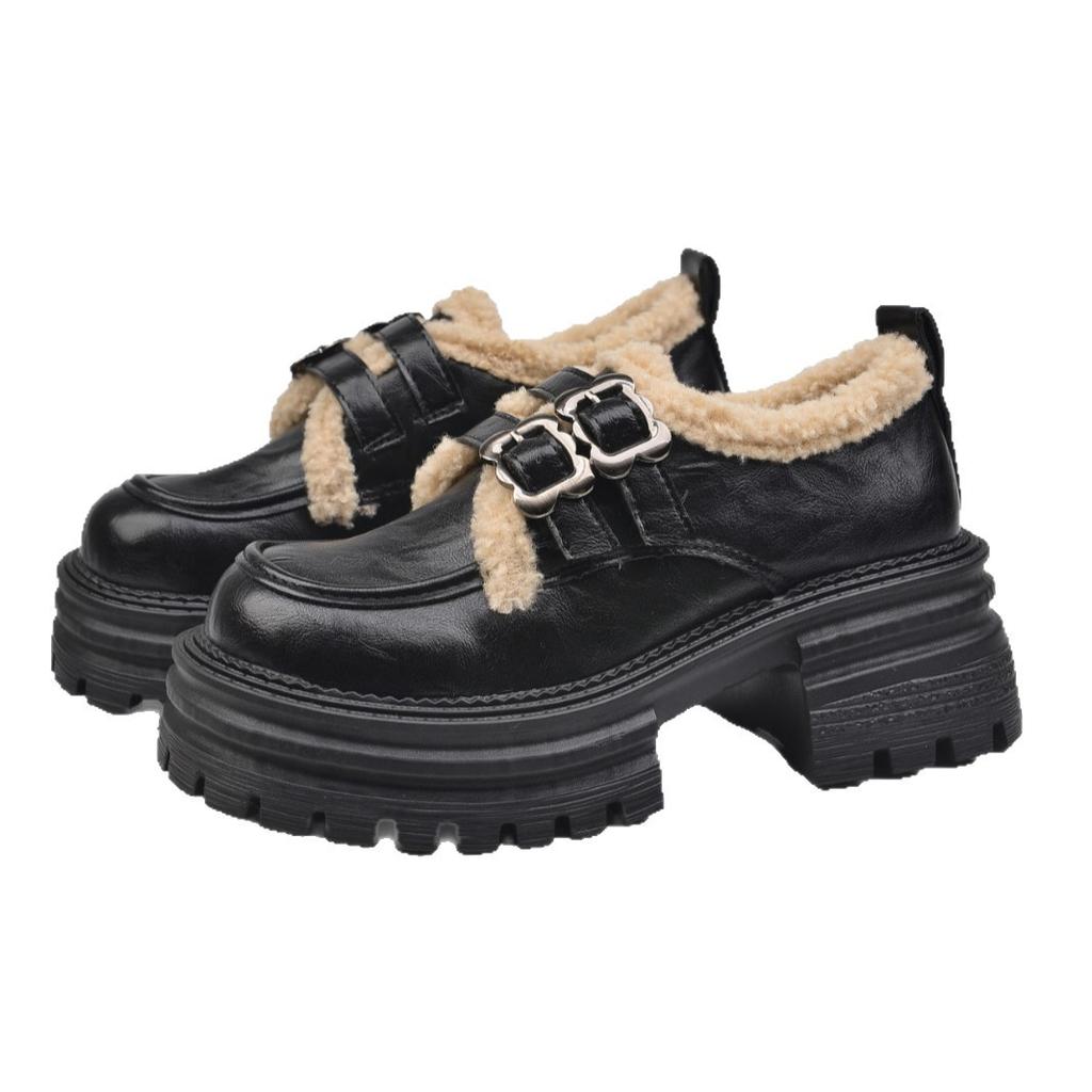 Black thick heel platform small leather shoes women's 2025 autumn new retro British style loafers velvet warm JK shoes