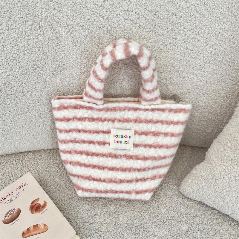 Cute Versatile Plush Women's Shoulder Bags Simple Stripes Female Handbags Fall Winter Ctrast Color Ladies Miscellaneous Bag