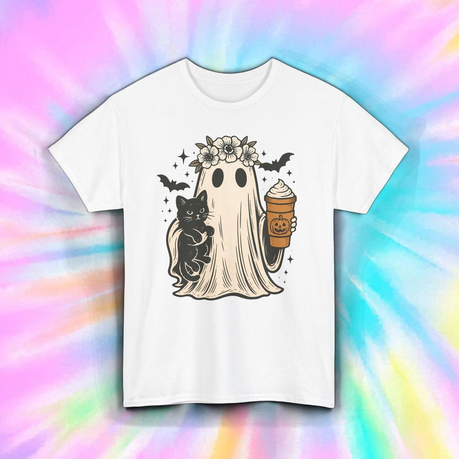 Cute Ghost Cat Coffee Shirt | Halloween Fall Pumpkin Spice Latte Aesthetic Tee XXXXL