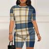 Women Plus Size Brown Blue Plaid Printed Round Neck Short Sleeve Top And Fitted Shorts Two Piece Set