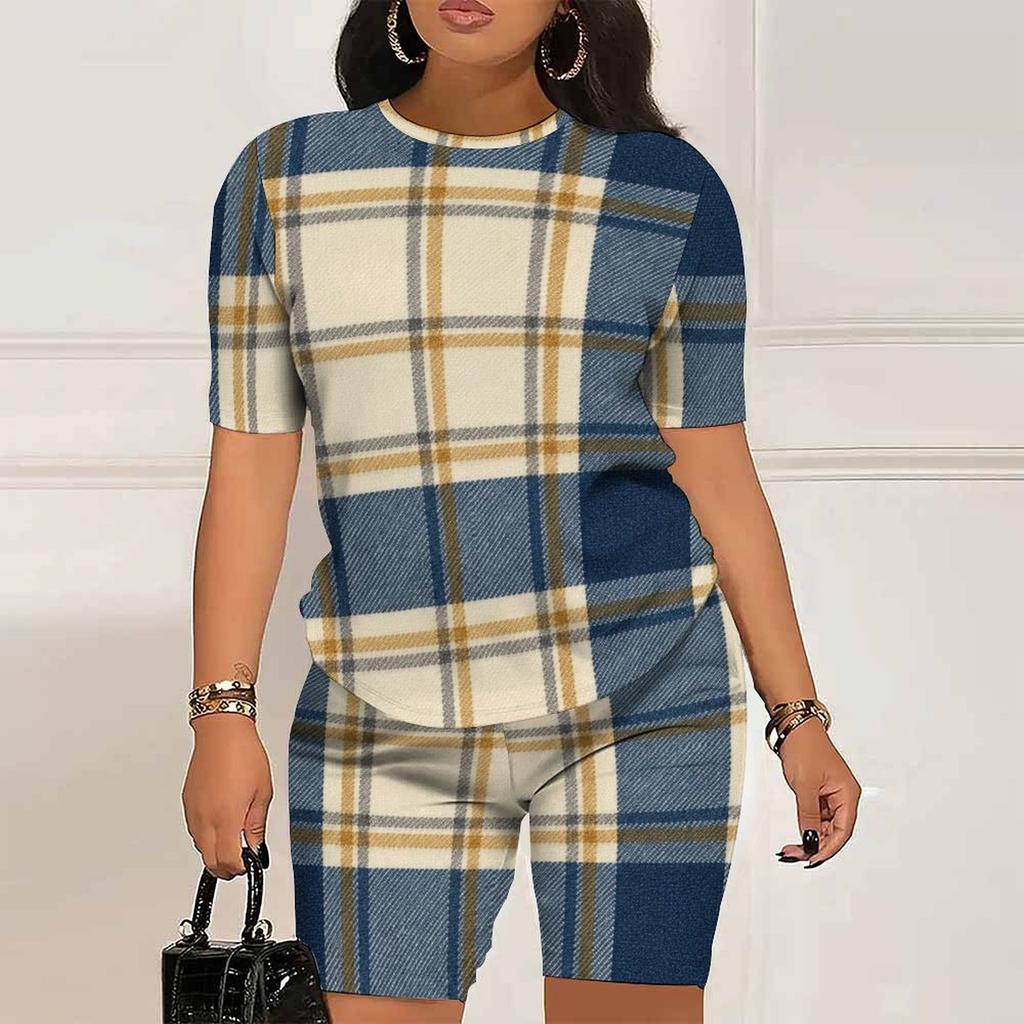 Women Plus Size Brown Blue Plaid Printed Round Neck Short Sleeve Top And Fitted Shorts Two Piece Set