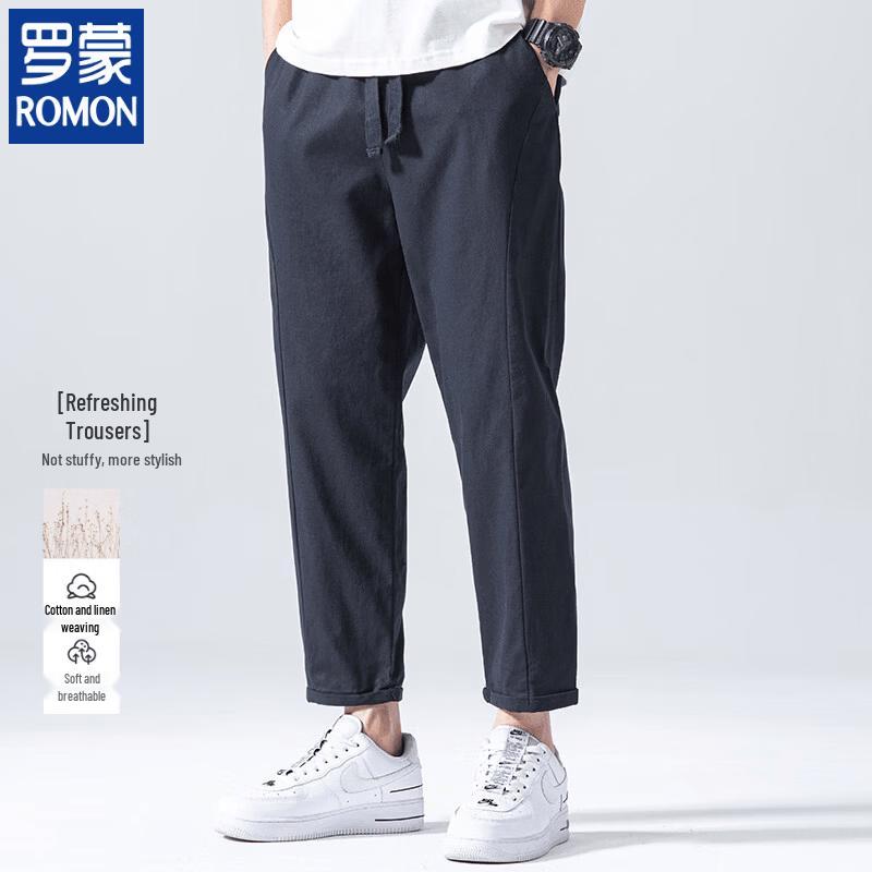ROMON Men s Chinese Style Linen Blend Casual Ankle Pants L темно-синий