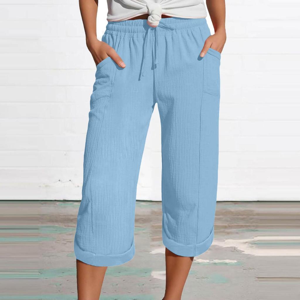 Women's Summer 3/4 Trousers  Summer Trousers With Pockets Causal Loose Trousers Fabric Trousers Sport Leisure Beach Trousers