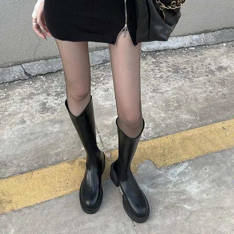 Fashion Black High Heels Elegant Heeled Long Boots for Women Round Toe On Offer Pu Goth Comfortable Work Chic Hot Knee Shaft Shoes Woman