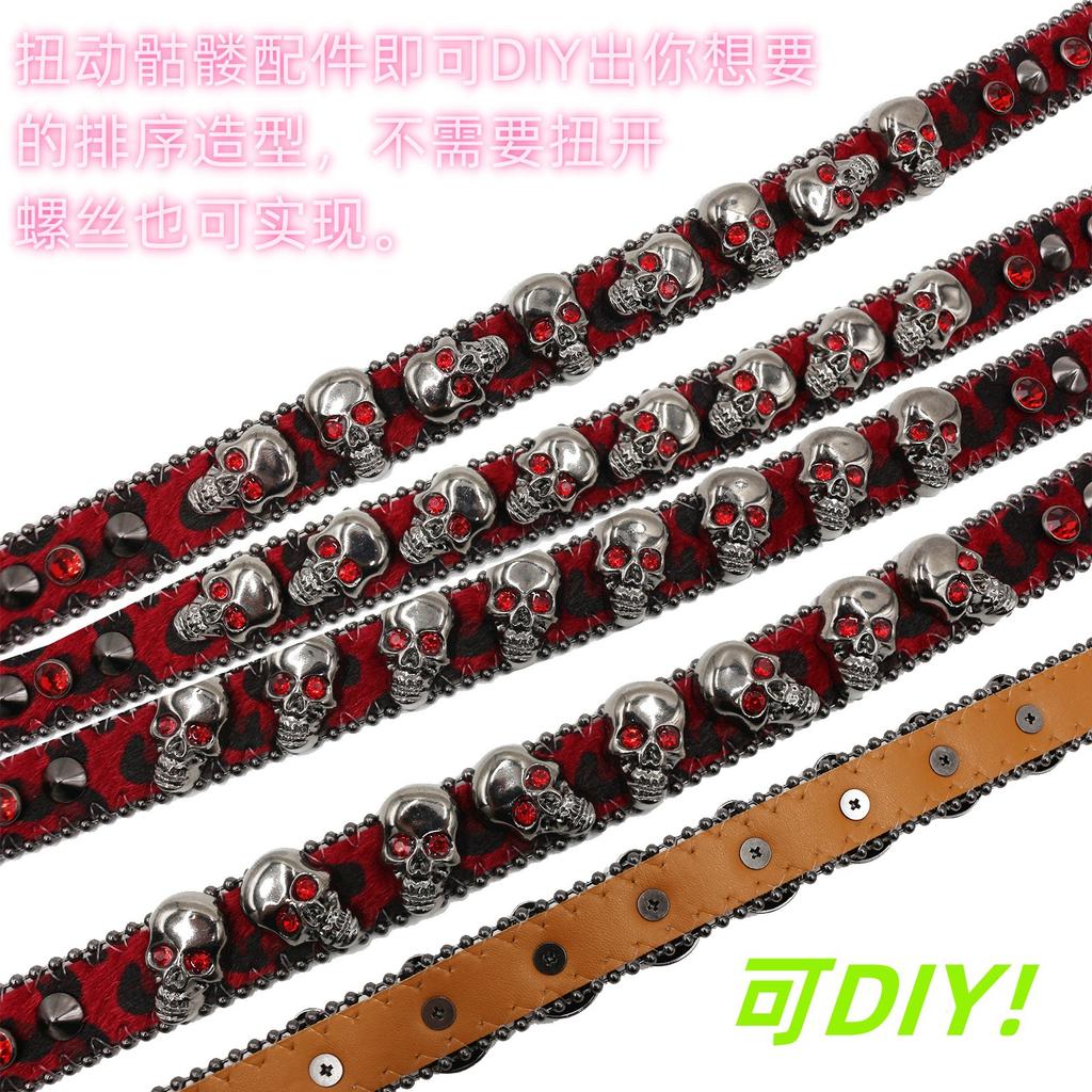 Original Full Skull Design Leopard Print Women With Rhinestone Inlaid Belt High-End Pin Buckle Hip-Hop Decorative Nightclub