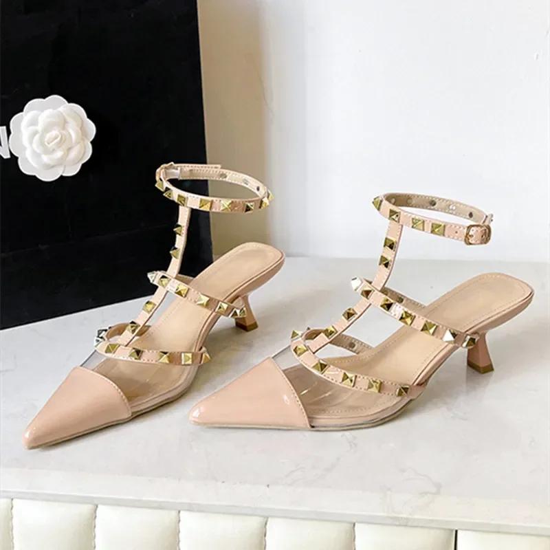 Original Brand Designer Metal Rivet Decoration High Heels Women Sexy Pointed Toe Patent Leather Ankle Strap Thin Heeled Sandals
