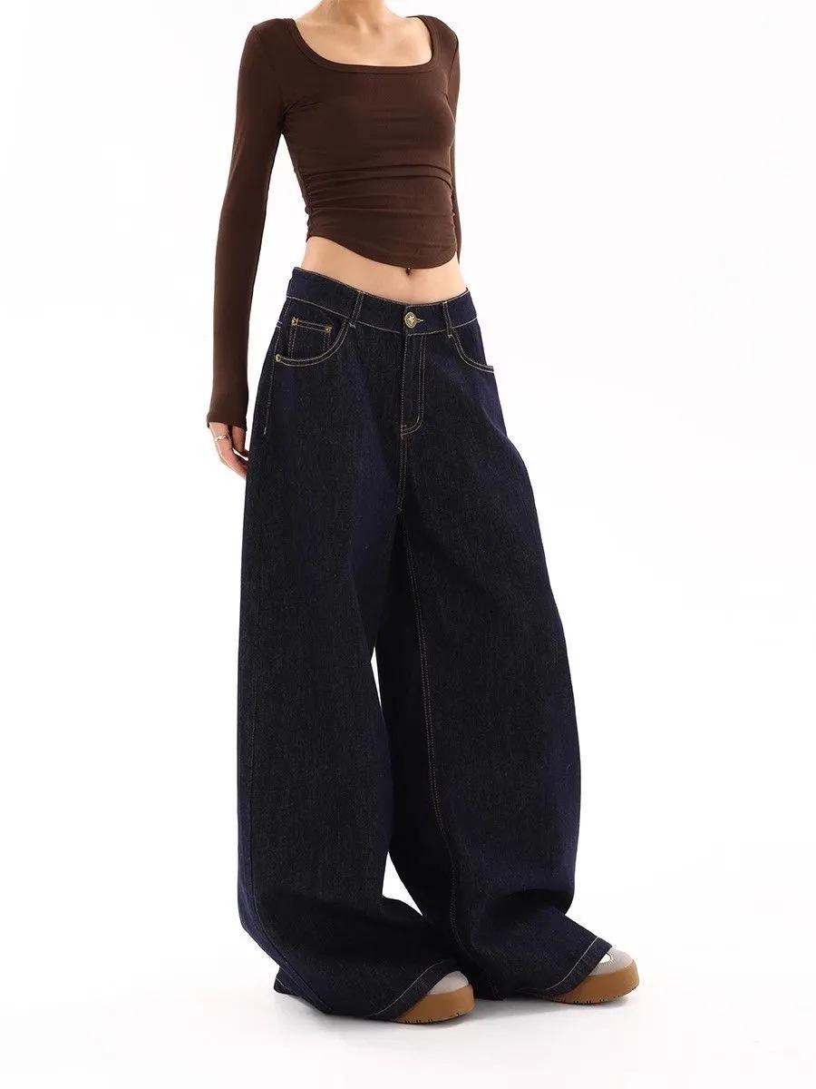 

2025 Джинсы деним темно-синего цвета с высокой посадкой и широкими штанинами - Трендовые, стройнящие, свободного кроя, идеальны для начала весны S темно-синий