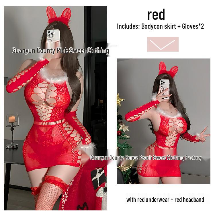 Red Plush Mesh Dress - Sultry Christmas Lingerie & New Year's Eve Attire