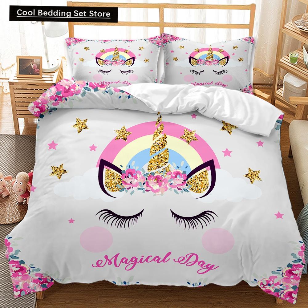Kids Unicorn Eyelash Pink Princess Duvet Cover King Queen Bedding Set Fairy Magic Animal Closed Eye 2/3pcs Polyester Quilt Cover