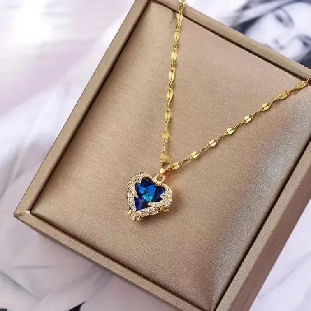 1 Pcs 925 Sterling Silver Romantic Couple Glass Encrusted Bronze Zircon Ocean Heart Pendant Combination Of Titanium Steel Chain