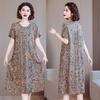 Women Plus Size Midi Dress Short Sleeve Floral Print Cotton Silk Loose Casual Mom Dress