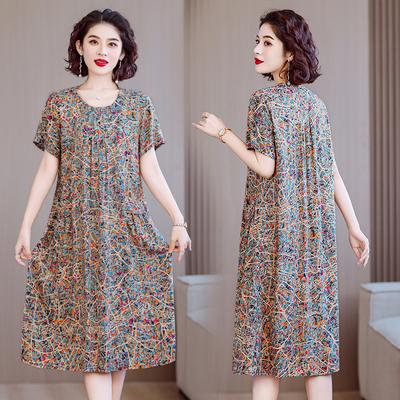 Women Plus Size Midi Dress Short Sleeve Floral Print Cotton Silk Loose Casual Mom Dress
