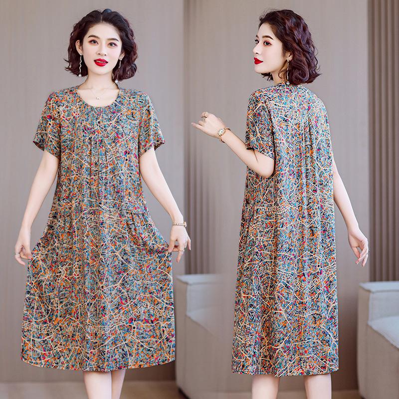 Women Plus Size Midi Dress Short Sleeve Floral Print Cotton Silk Loose Casual Mom Dress