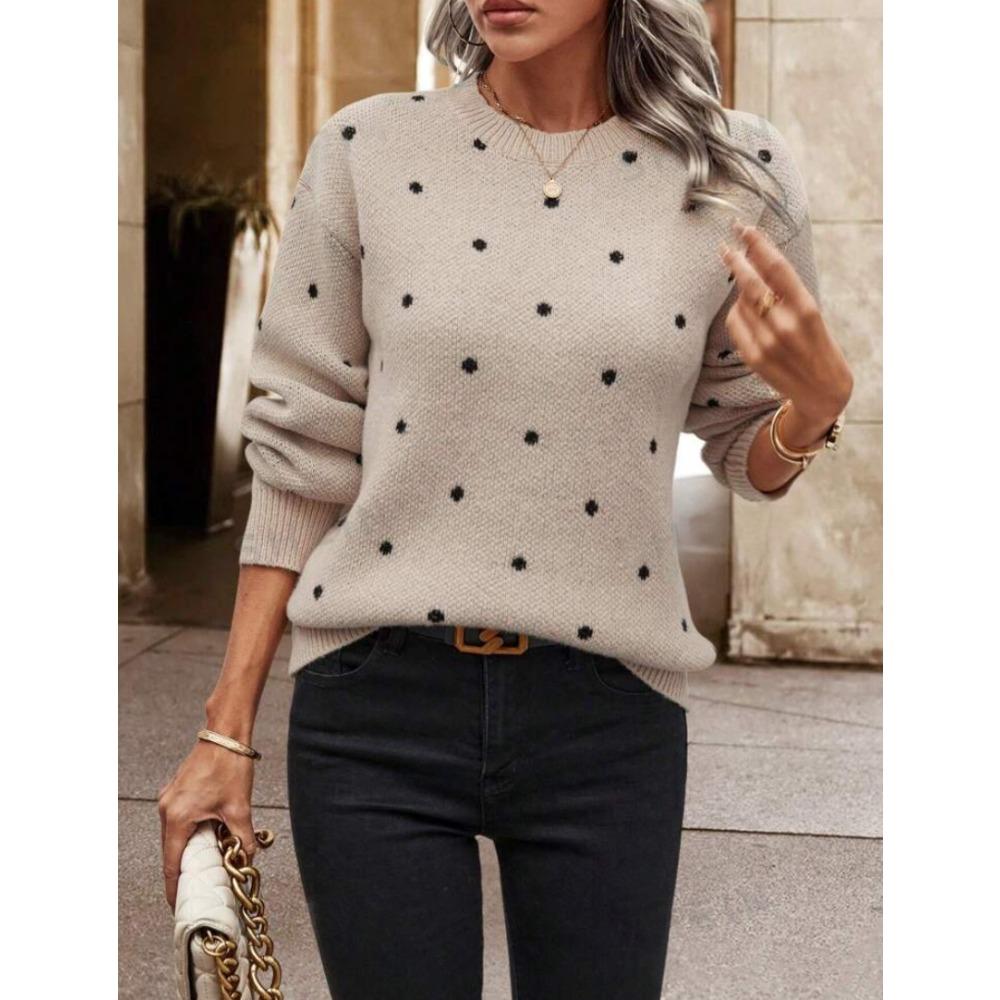 Women's Crew Neck Long Sleeve Polka Dot Jacquard Knit Pullover Sweater Casual Autumn Top