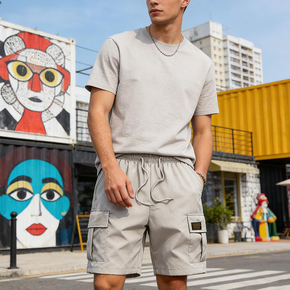 Summer Men's Solid Color Drawstring Cargo Shorts with Flap Pockets Casual Relaxed Athletic Fitness Training Multi-Pocket Bottoms