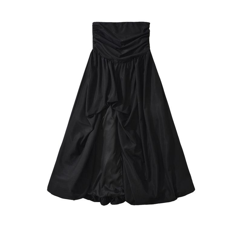 

Kaslead New Women clothes Western Style Fashion Simple Slim fit Tube Top Split Bubble Hem Dress Black L