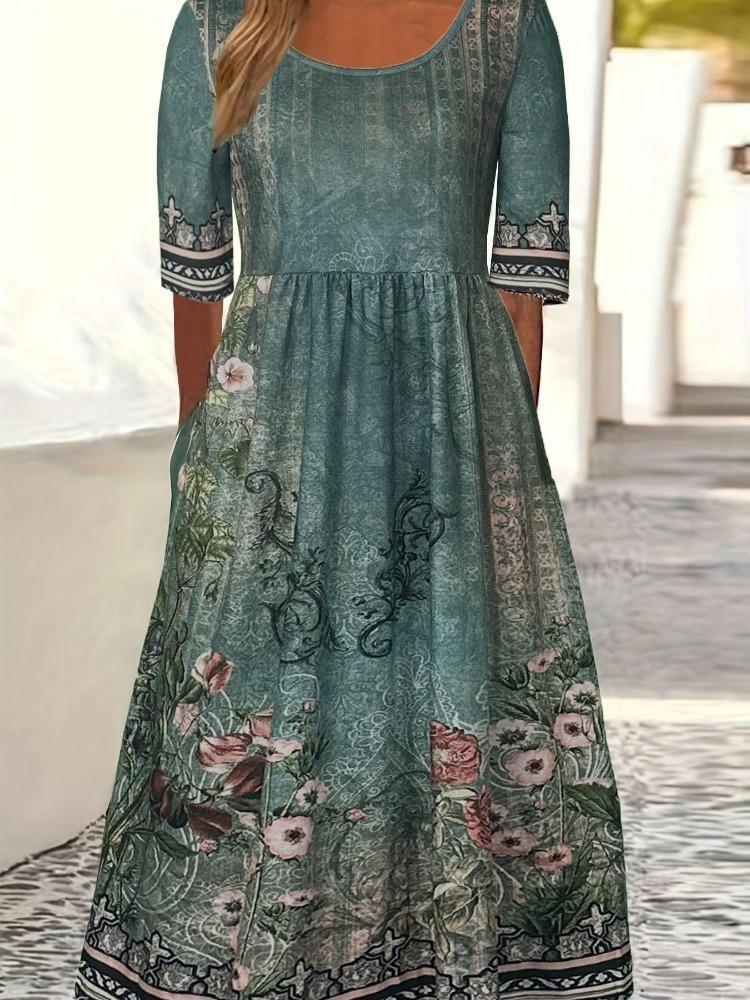 Cool Summer Dress for Women Bohemian Print Retro Round Neck Short Sleeve Long Skirt