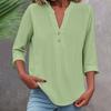 3/4 Sleeve Linen Tops For Women Loose Fit V Neck Button Down Shirts Cute Solid Summer Beach Tee Shirts