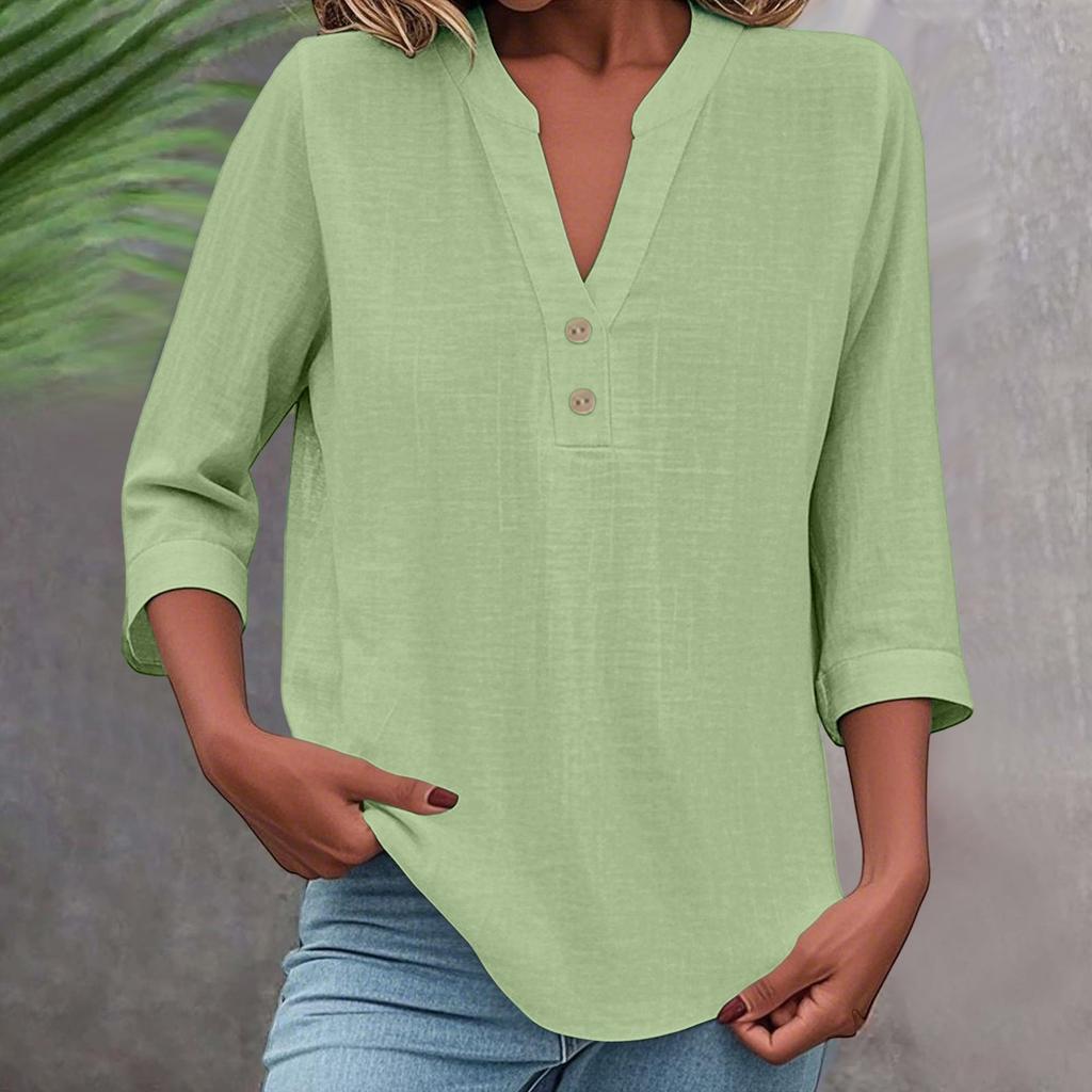 3/4 Sleeve Linen Tops For Women Loose Fit V Neck Button Down Shirts Cute Solid Summer Beach Tee Shirts