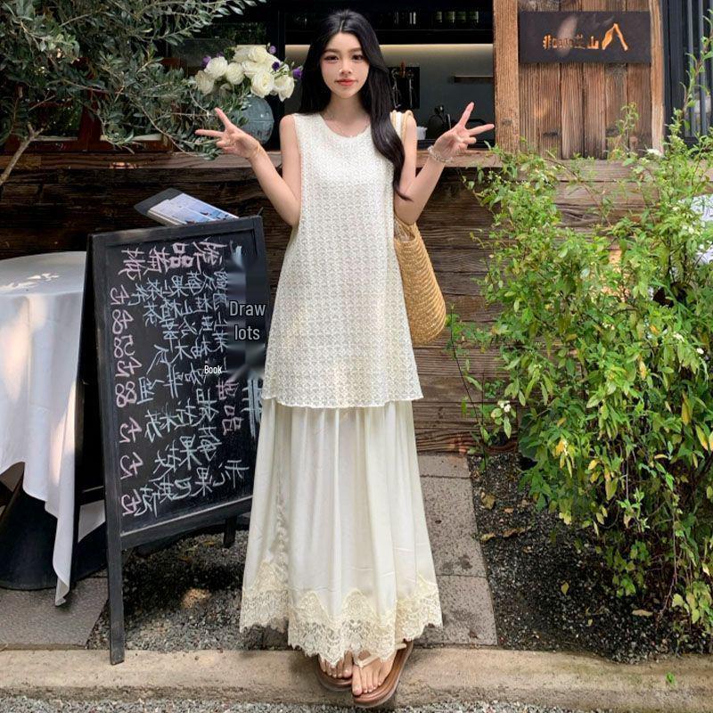 Plus Size French Style Lace Patchwork Tank Dress - Flattering & Slimming Summer Two-Piece Look