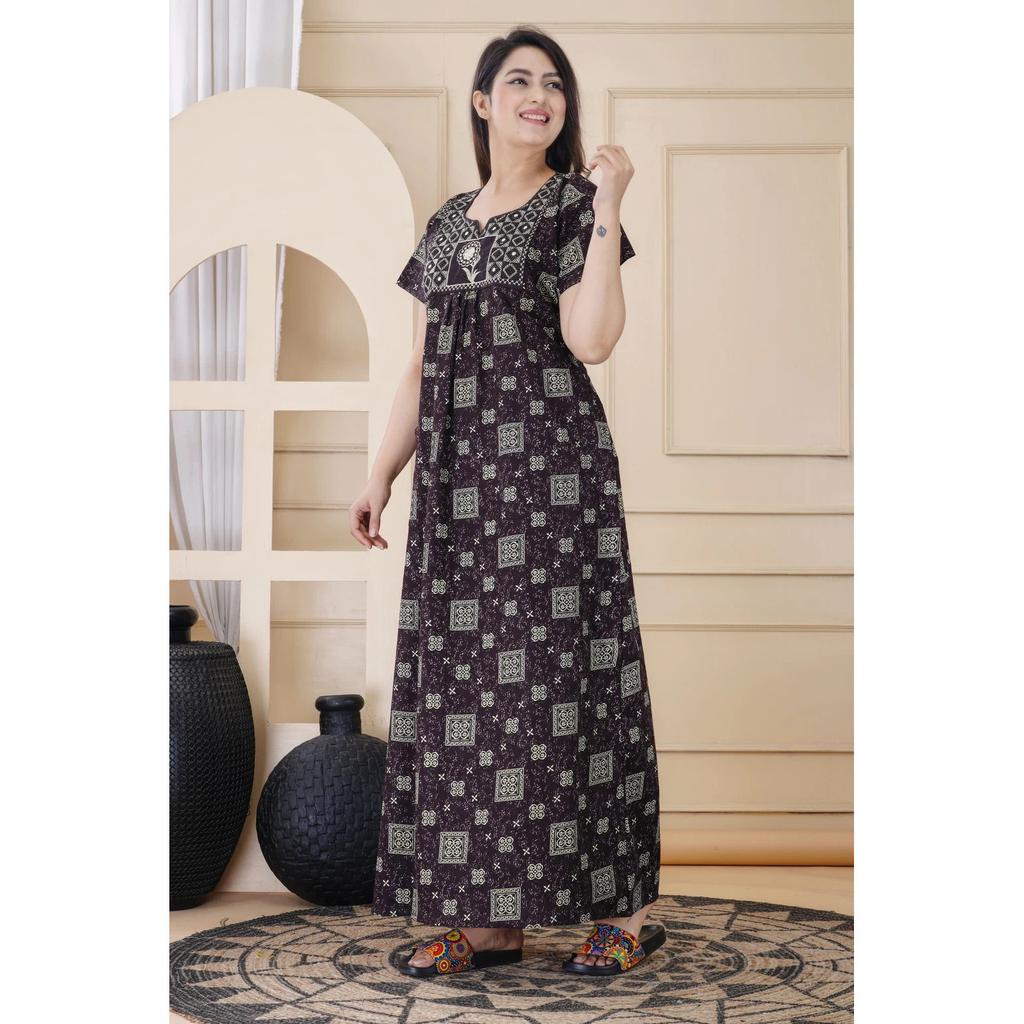 Designer Cotton Embroidery Nighty Indian Women Sleepwear Nightwear Gown Dress