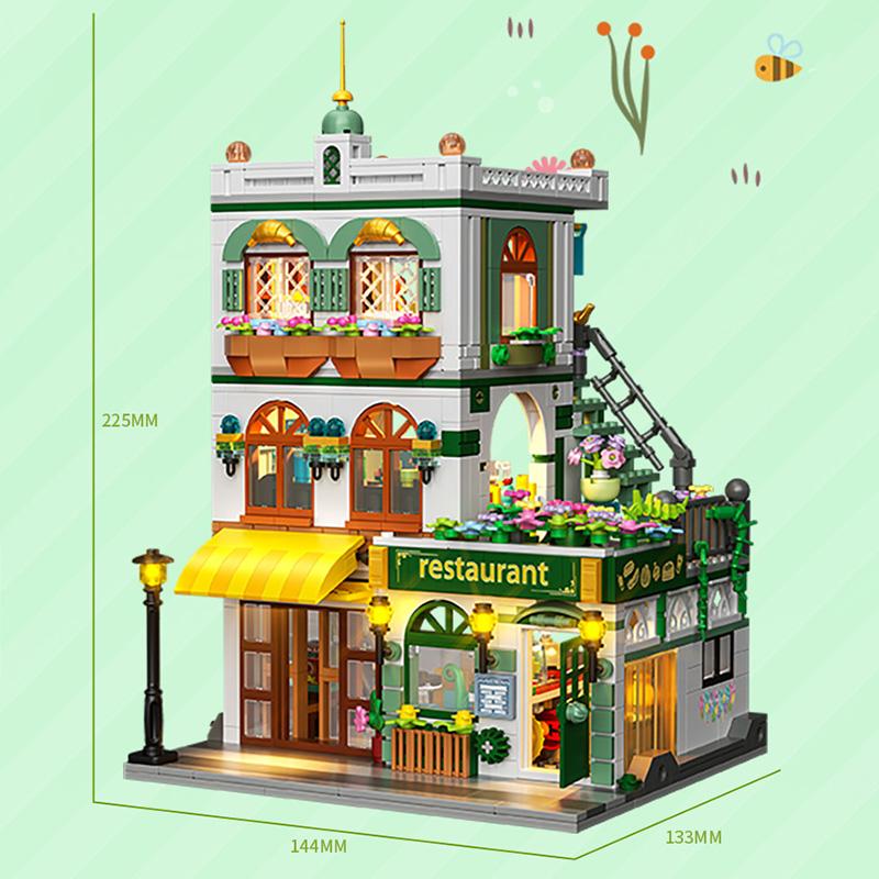 Créatif 997 Pièces Vue de Rue Restaurant Chinois Modèle Blocs de Construction Ville Architecture Trois Étages Mini Briques Jouets Pour Enfant Cadeau sans boîte