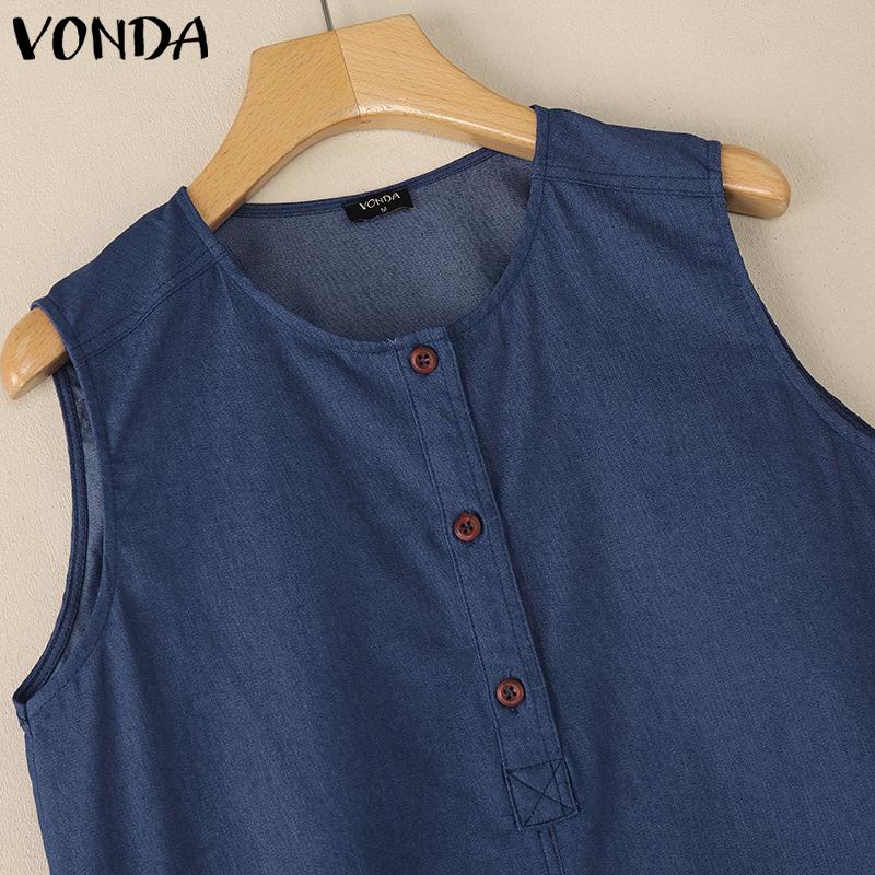 VONDA Women Round Neck Sleeveless Solid Color Casual Long Tunic Dress