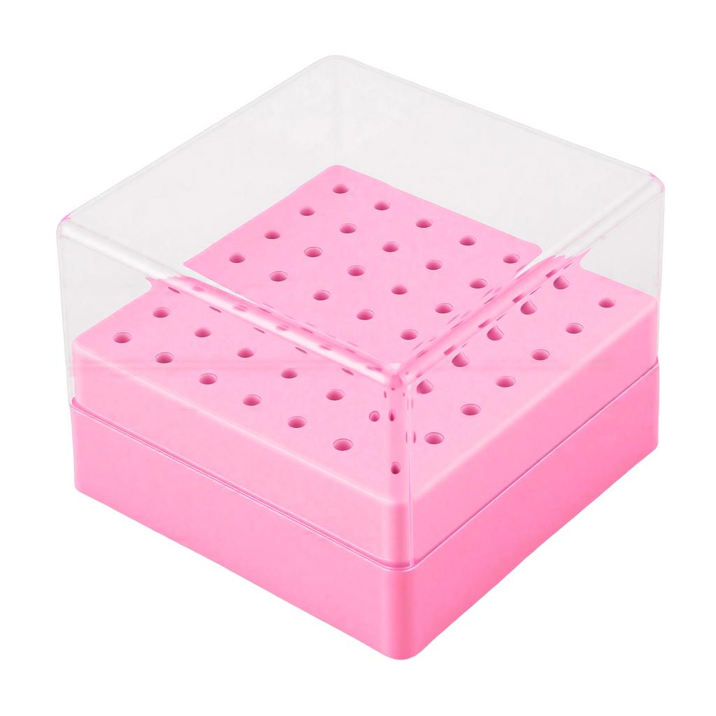 49 Holes Nail Drill Bit Holder Display Case with Transparent Cover Nail Drill Bits Storage Box Pink