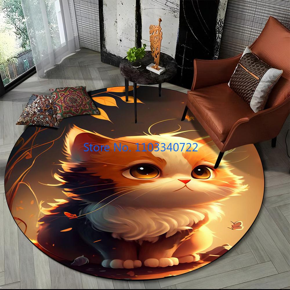 Cute Calico Cat Persian Cat Ragdoll Rug Round Carpet 120cm Crawling Game Non-slip Floor Mat for Kids Bedroom Living Room Decor