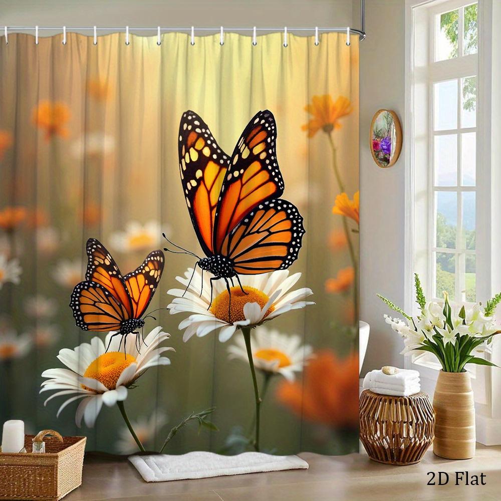 Butterfly Shower Curtain Monarch Butterflies On Daisy Flowers Nature Art Garden Decor Waterproof Fabric Bath Curtain Set Home