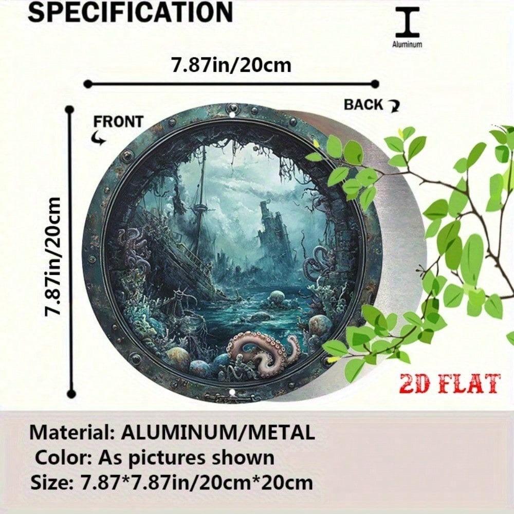 1pc Vintage Nautical Octopus Porthole Metal Wall Art Sign, Fantasy Underwater Ruins Aluminum Round Home Decor