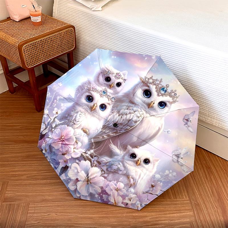 1 PC Automatic Folding Umbrella - Magical Snowy Owl Pattern, Portable & Foldable Design with 8 Ribs, Christmas Birthday Gifts