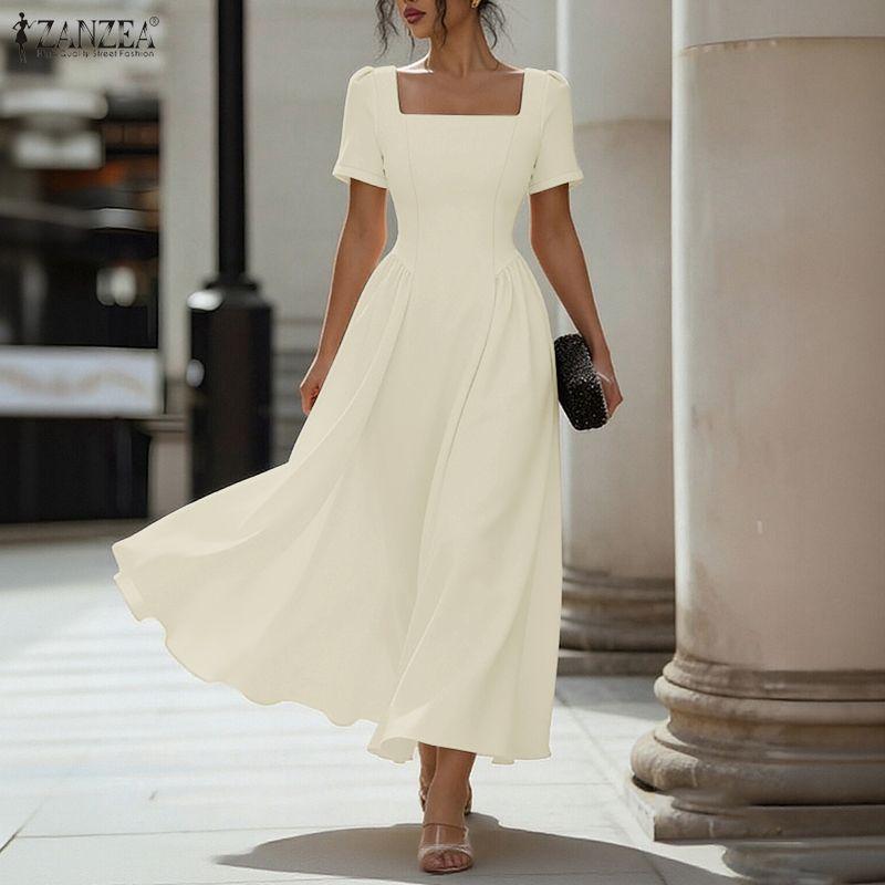 ZANZEA Women Elegant Square Collar Short Sleeve Summer Long Dress 2XL абрикосовый