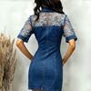 Damen Sexy Durchsichtiges Netz Patchwork Mini Jeanskleid, Kurzarm Knopfleiste Bodycon Kleid, Sexy Party Club Jeanskleid