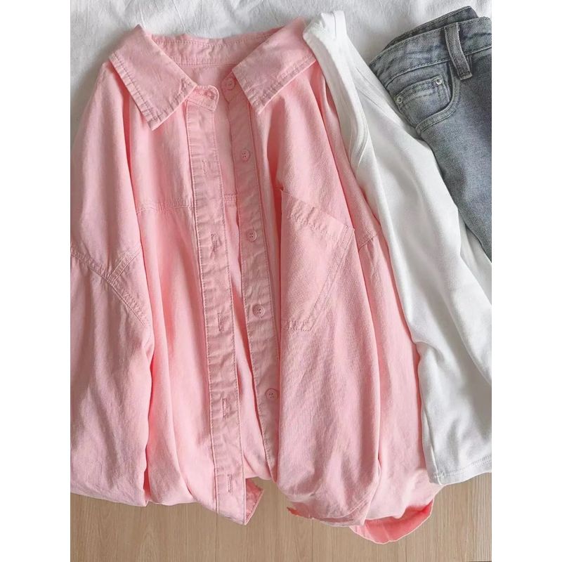 Pure Cotton Bandage Dress Rose Pink Shirt for Women Inner Wear Base Loose All-Matching Slimming Long Sleeve Shirt Coat Trendy