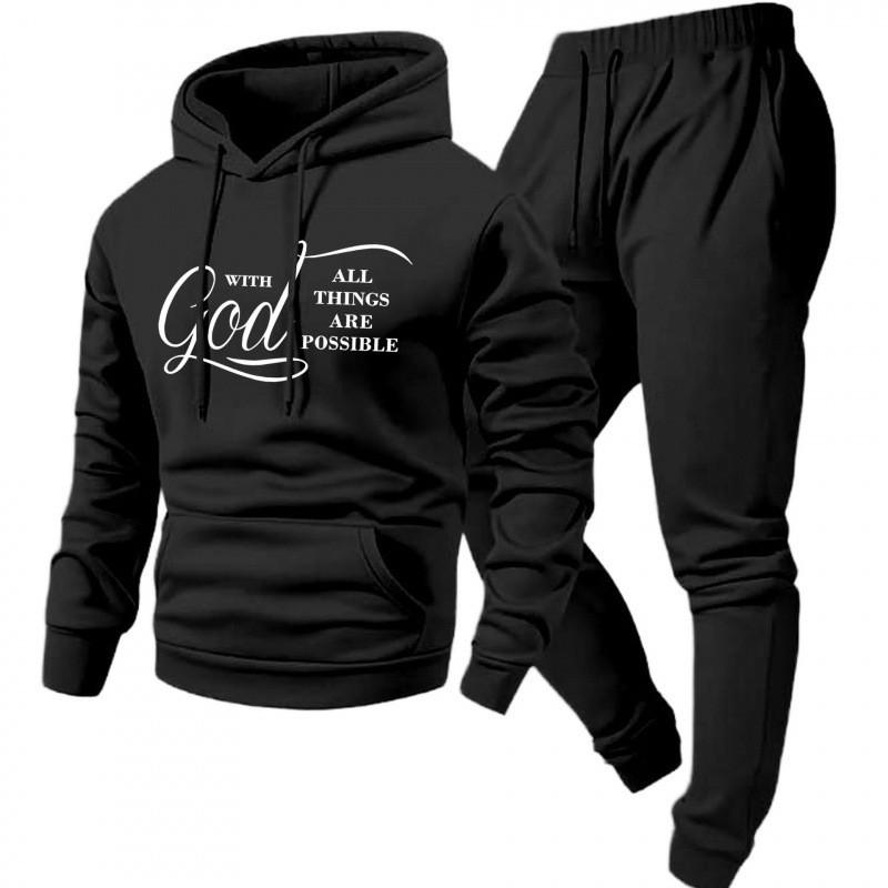 Mens Y2K Style Hooded Sweatshirt Jogger Pants Set - Long Sleeve Fleece-Lined Casual Two-Piece Outfit