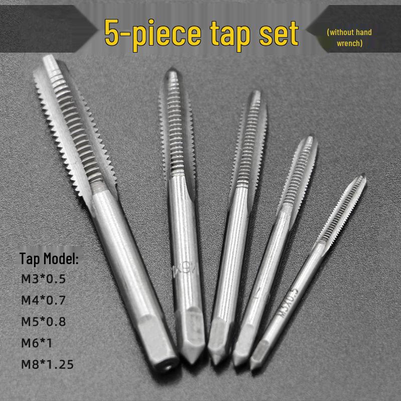 High-Speed Steel Taps & Dies Set: 5, 6, 7, 9-Piece with Tap Wrench and Threading Drill Bits.
