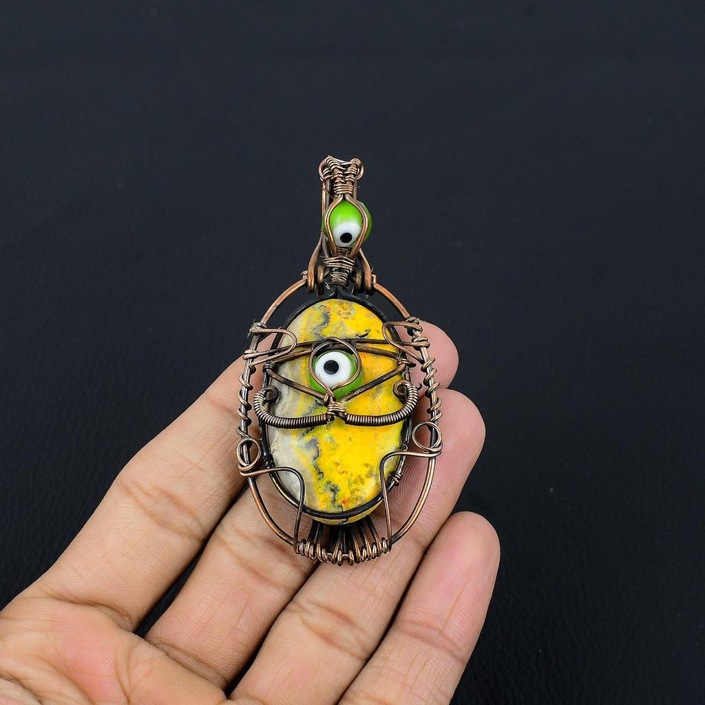 Bumblebee Jasper & Green Evil Eye Pendant, 999 Copper Wire Wrapped Gemstone Jewelry, Handmade Pendant, For Mother Day