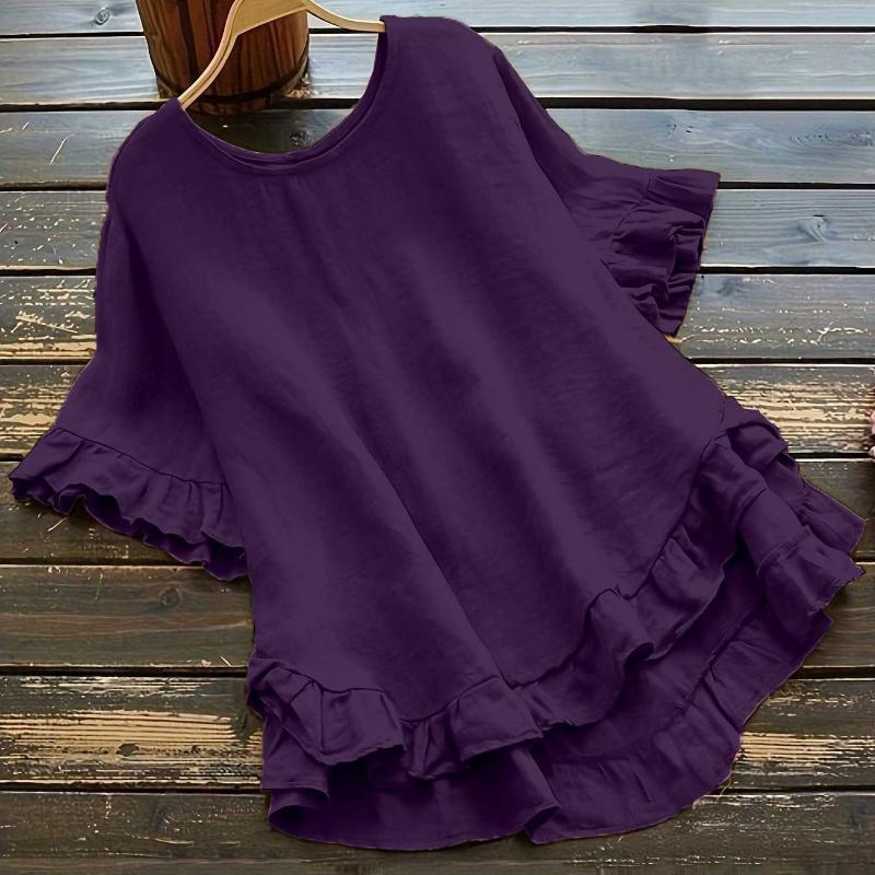 Plus Size Women's Solid Color Casual Short Sleeved Round Neck T-Shirt Ladies Ruffled Hem Women's Back Button Up Top