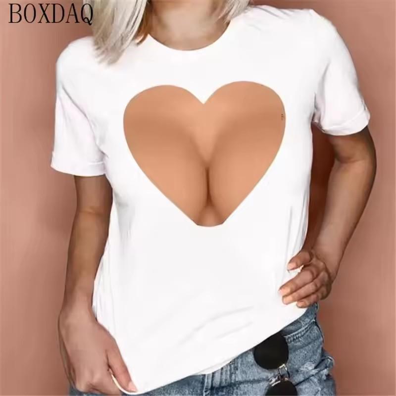 Women Summer Cool T-Shirts Sexy Perspective 3D Boobs Print Short Sleeve Ladies T Shirt Summer O-Neck Breast Pattern Street Tops