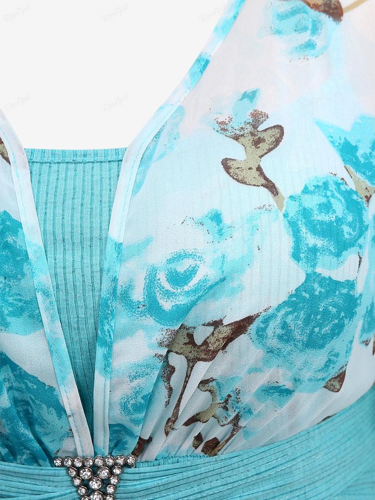 Rosegal Plus Size Rose Flower Print Mesh Ruffles Crystal Buckle Ribbed Textured Flare Sleeve 2 In 1 Top