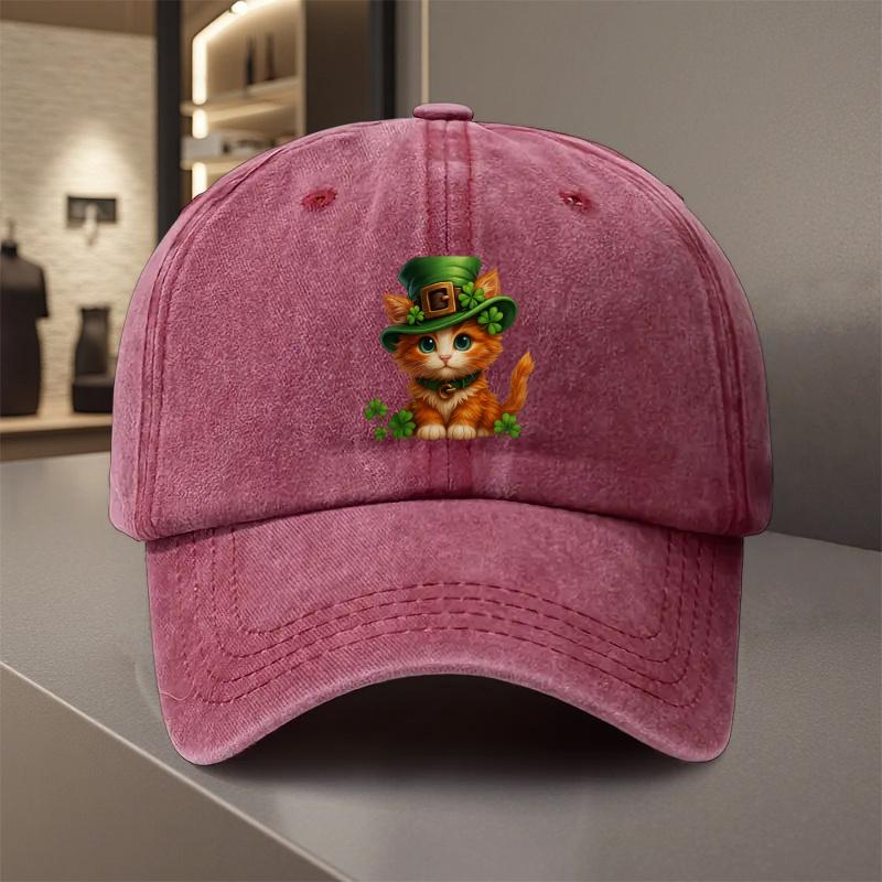 Kitten with Clover Hat Baseball Cap St Patricks Day Adjustable Polyester Casual Hat Unisex
