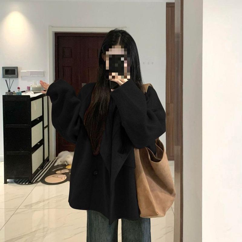 Women s Petite Hepburn Style Woolen Coat - Large Lapel, 2025 Autumn/Winter Korean Black Outerwear M (90-105 cm) чёрный