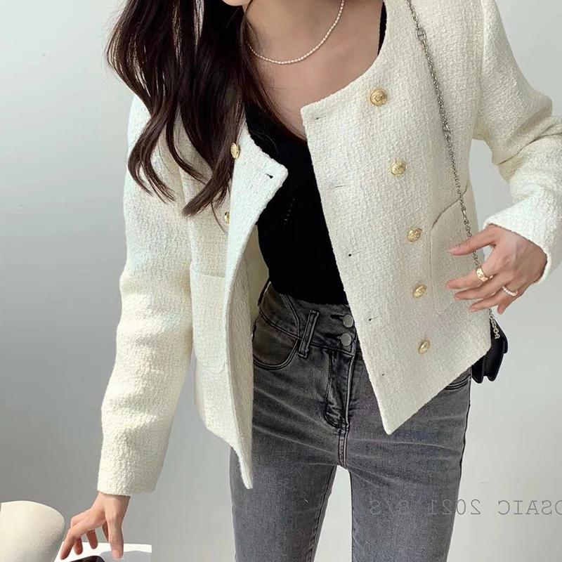 New Autumn Winter Tweed Jackets for Women Elegant O-neck Long Sleeve Wool Blends Coat Ladies Solid Outwear
