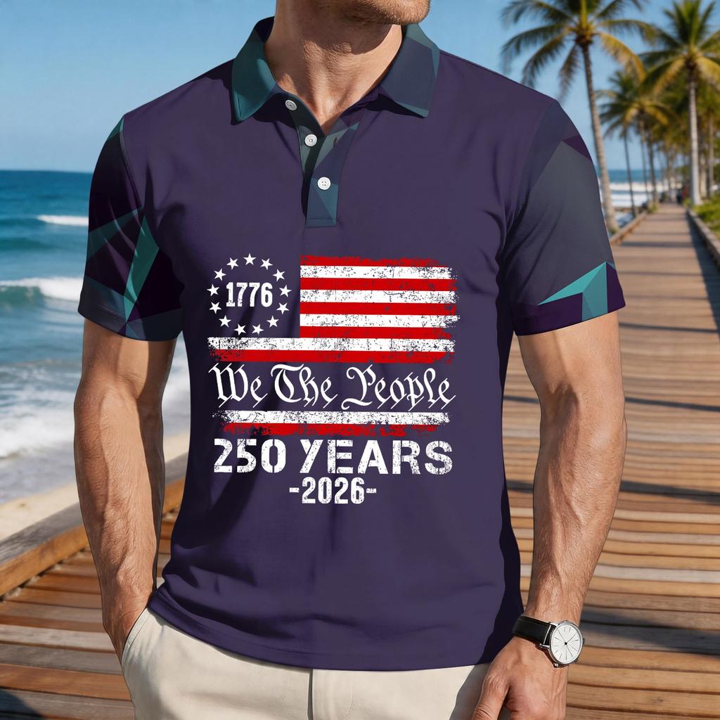 Men's Loose Fit Casual Polo Shirt Short Sleeve Printed Flag Graphic Button Collar Comfortable Summer Top
