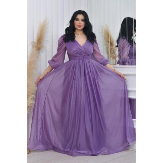 Zweireihiges Abendkleid mit Kragen, Gürtel und Ballonärmeln aus glitzerndem Tüll TE Settür Abendkleid