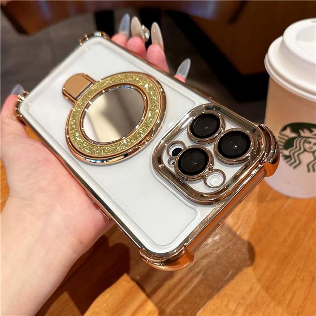 Luxury Plating Flash Mirror Clean Frame Bracket Stand Phone Case For iPhone 11 13 14 15 Plus 16E 16Pro Max Lens Protective Cover