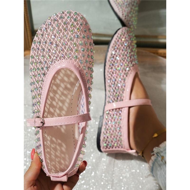 Women's Fashion Flat Shoes, Summer New Mesh Rhinestone Mary Jane Shoes, One Buckle Casual Flats