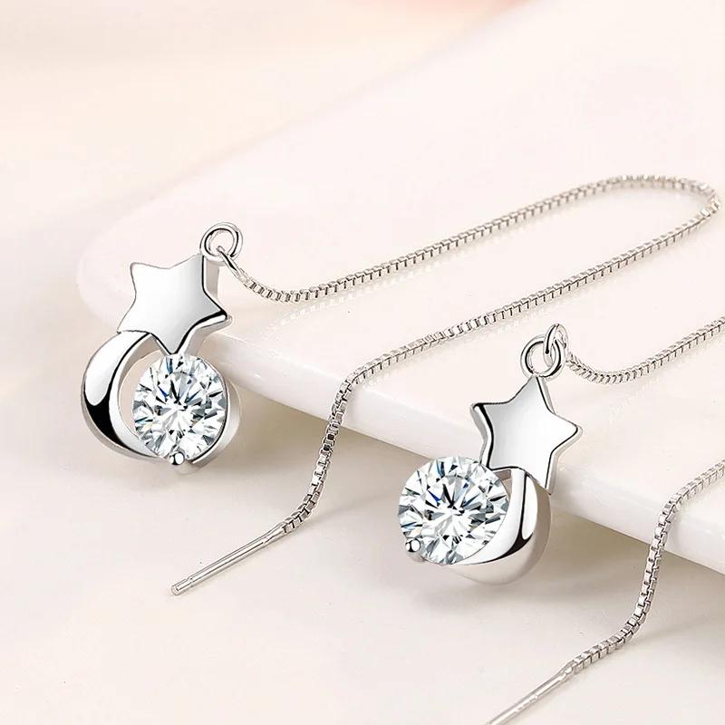 Простые женские серьги Стерлинговое серебро Звезда Луна Круглый циркон Длинные серьги с кисточками для женщин Earline Свадьба Подарок