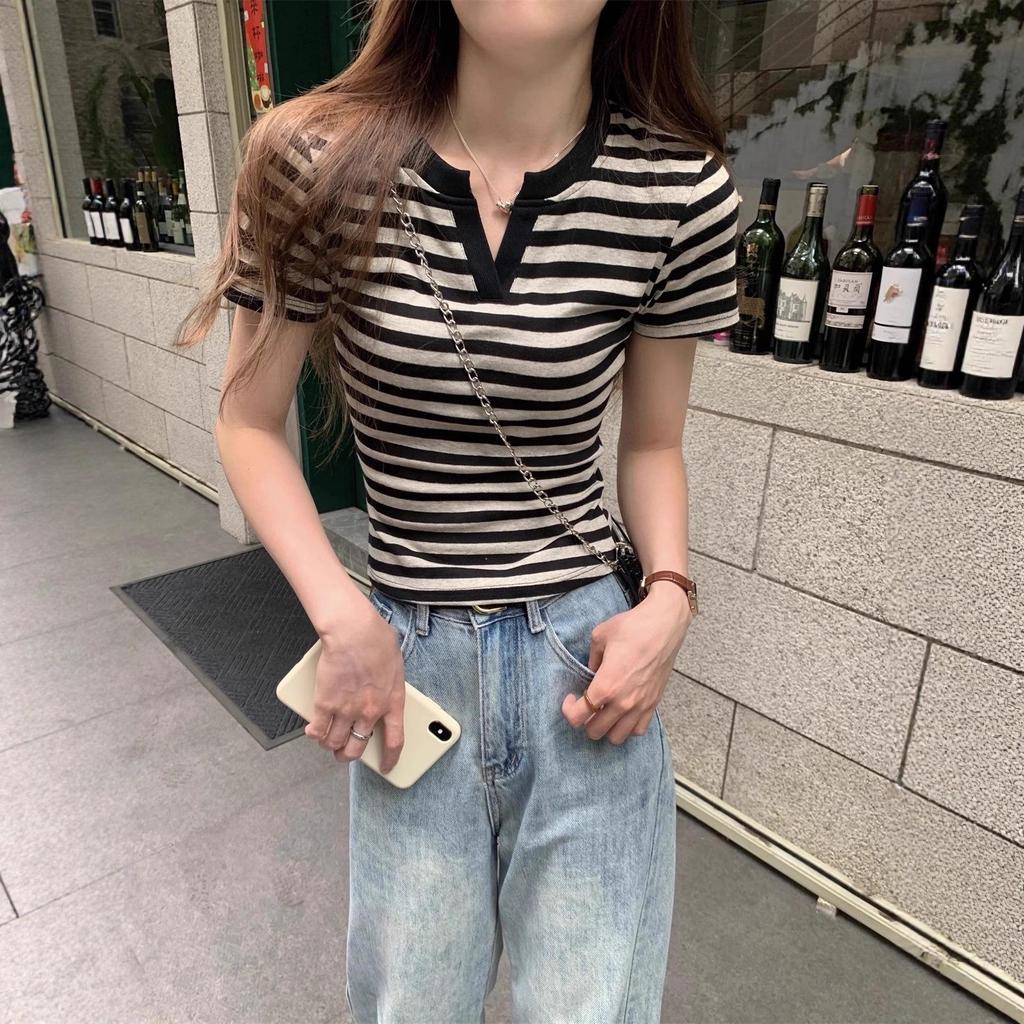 Spicy Girl Striped Color Block Short Sleeve Polo - Women's Summer Slimming Versatile Top
